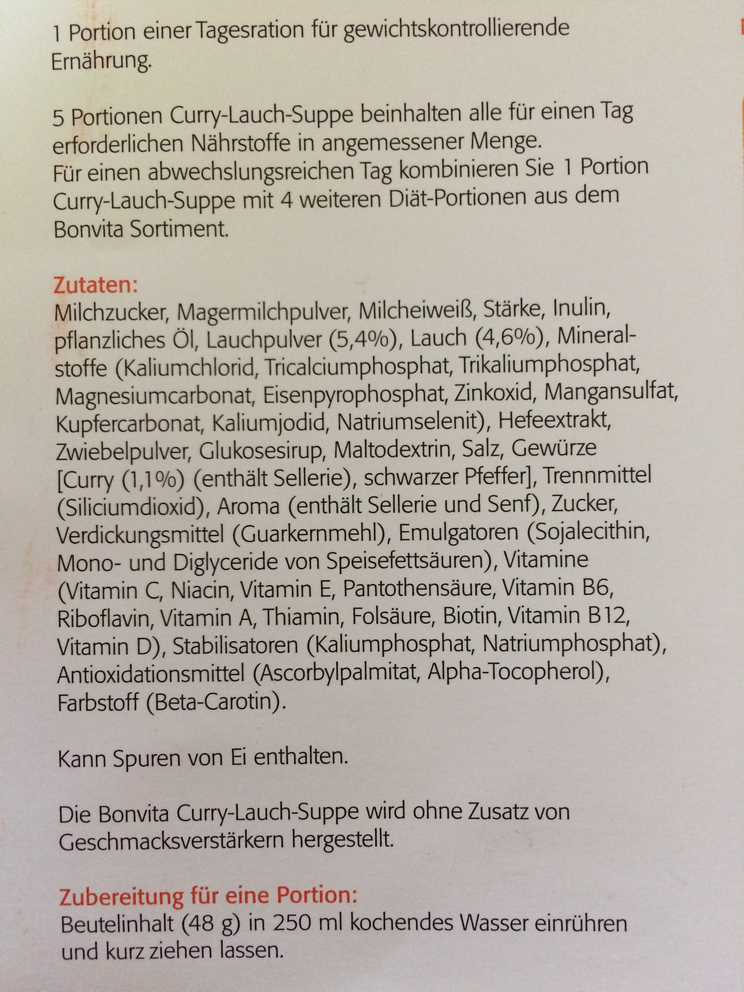 BonVita Curry-Lauch-Suppe Inhalt Probenqueen